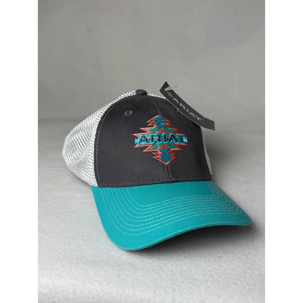 Ariat Womens Aztec Logo Trucker Hat Gray Turquoise Mesh Snapback NWT